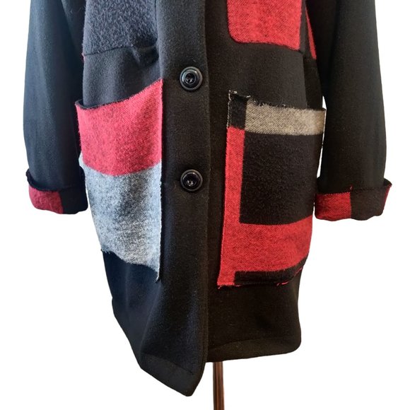 Saga Womens L? Made Italy Black Red Gray Colorblock Button Pockets Coat Jacket - Picture 5 of 10
